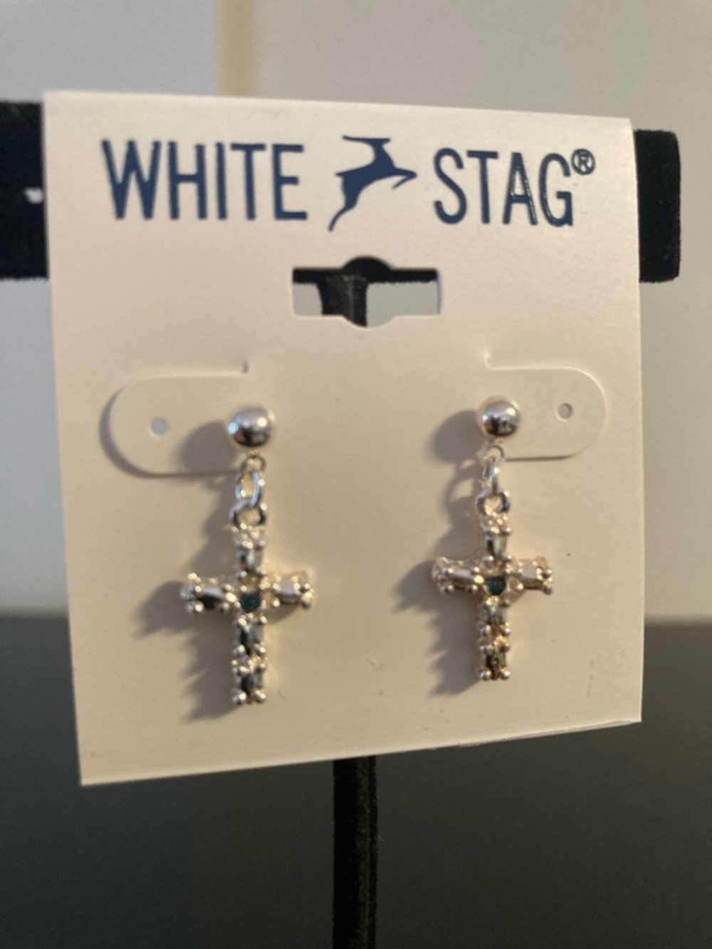 White Stag Silver Cross Dangle Earrings with Rhinestones